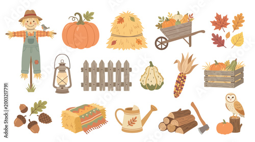 Autumn Harvest Vector Elements: Scarecrow, Pumpkins, Hay, Fence, Owl