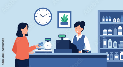 Vector illustration of a friendly cashier serving a customer at a checkout counter in a store, with shelves in the background