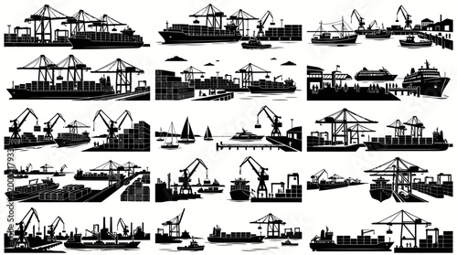 Black  White Silhouette of Shipping Cranes and Container Ships in Port