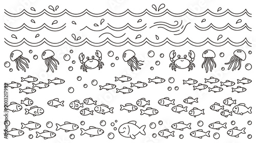 Sea waves fishes jellyfish and crabs marine animal outline design.