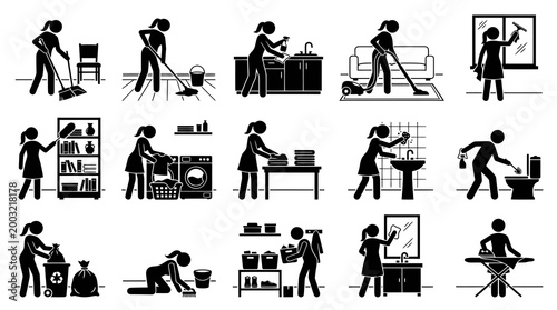 Black and White Stick Figure Pictograms of Housework and Cleaning Activities