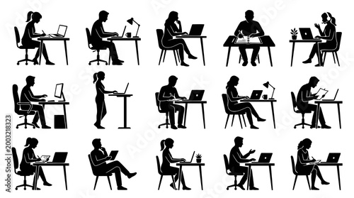 Black and white vector icons of people working on laptops and desks