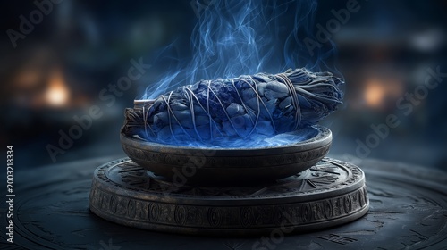 A glowing blue sage smudge stick in an ornate bowl, wisps of smoke rising create a mysterious, spiritual atmosphere with soft light and mystical ritual ambiance