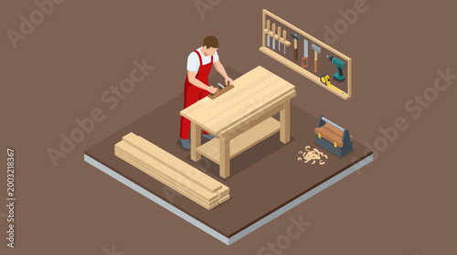 Slika na platnu An isometric illustration of a skilled craftsman using tools on a wooden table, highlighting the beauty of woodworking and manual craftsmanship in a workshop setting