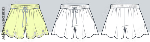 Foto Women Embroidered Summer Shorts Fashion Flat Technical Drawing Featuring Scallop