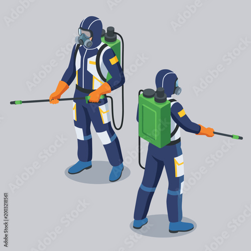 The image portrays pest control professionals in protective gear, equipped to manage pests, representing health safety and environmental protection in outdoor spaces.