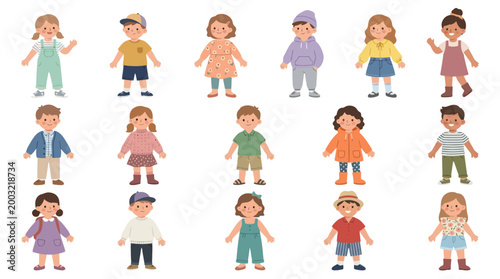Diverse Happy Children Characters Flat Vector Illustration Set