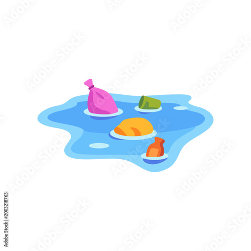Blue floating trash in water icon, water pollution symbol, colorful illustration