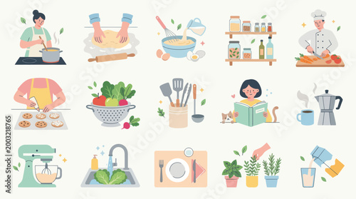 Flat illustration of food preparation and cooking scenes in a kitchen