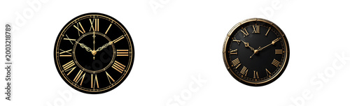 A clock face with Roman numerals, the hands pointing to midnight, set against a transparent background