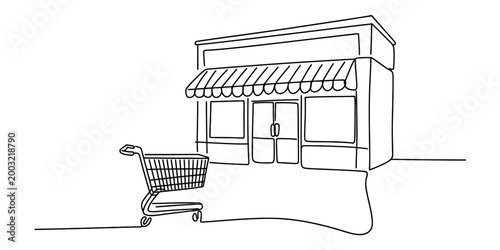 Tableau sur toile Continuous single line drawing of a small shop store building with a shopping ca