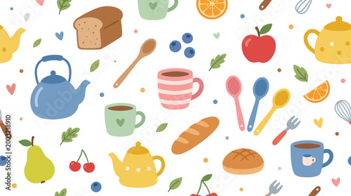 Cute Kawaii Food Pattern: Tea, Bread, Fruits, and Utensils - Flat Style