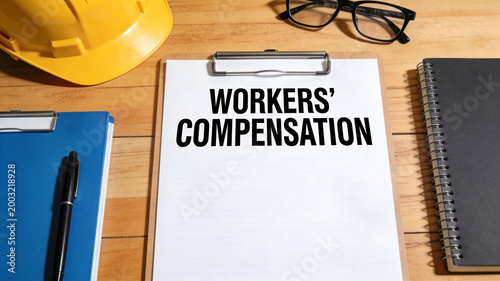 A clipboard displaying the words workers compensation printed on white paper alongside a yellow safety helmet and black glasses