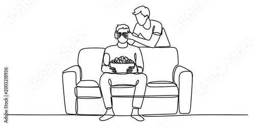 One line drawing of a person covering eyes of a friend sitting on a sofa with popcorn Vector, illustration
