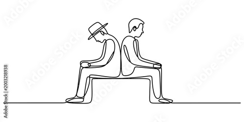 Continuous single line drawing of two men sitting back to back in a sad or thoughtful mood Vector, illustration