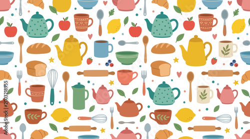 Cute Baking and Tea Pattern, Flat Design, Food and Drink Background