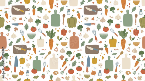 Cute Flat Food and Kitchen Utensils Pattern, Seamless Vector Illustration