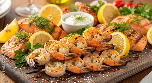 seafood platter with grilled shrimp salmon lemon on transparent background high quality