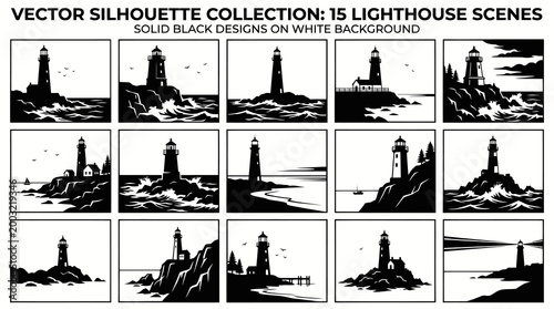Lighthouse Silhouettes Collection: 15 Coastal Scenes, Vector Art
