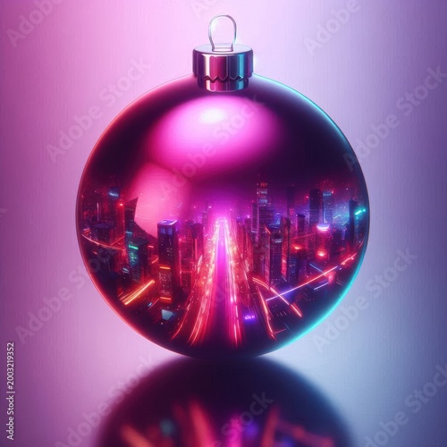 Bright neon pink blue and purple city skyline reflected inside a shiny Christmas ornament with a smooth reflective surface