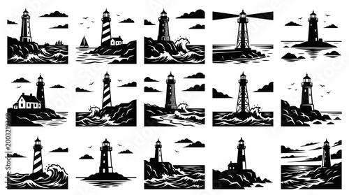 Black  White Lighthouse Icons Set, Nautical Maritime Vector Art