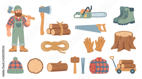Lumberjack gear, tools, and wood elements for forest industry, flat vector