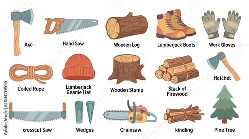 Lumberjack Tools and Gear, Forest Industry Flat Vector Illustration