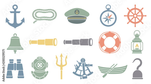 Flat Nautical Icons Set - Marine Sea Ocean Symbols Collection