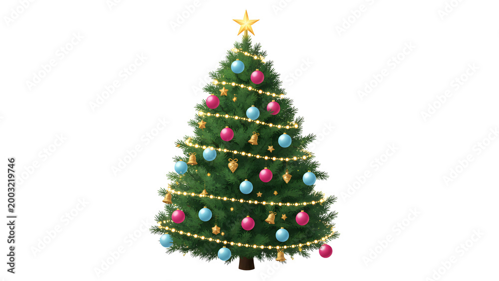 Fototapeta premium Vibrantly decorated christmas tree with star, baubles, and as isolated element
