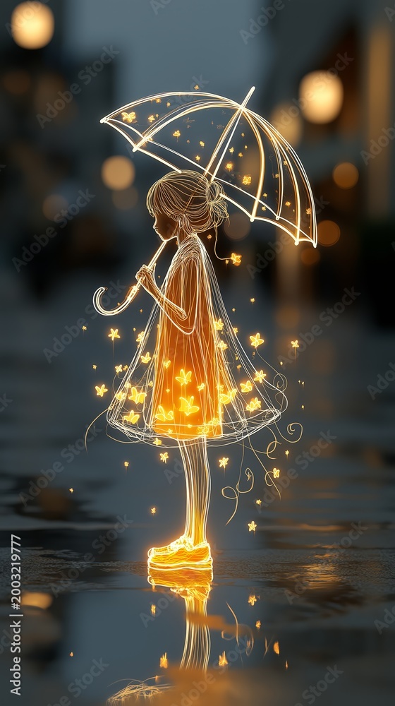 Fototapeta premium Cheerful neon doodle cartoon of a cute girl under umbrella with hanging stars, glowing bokeh lights create dreamy magical mood, colorful playful night scene, soft aesthetic and fantasy vibe