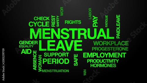 Menstrual leave concept Animated Tag Word Cloud kinetic typography, Text Design Animation typography seamless loop video motion graphics Intro Wordart workplace green type on black background bg backd