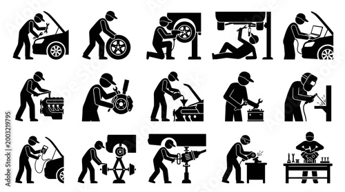 Black and White Icons of Auto Mechanics Working on Cars