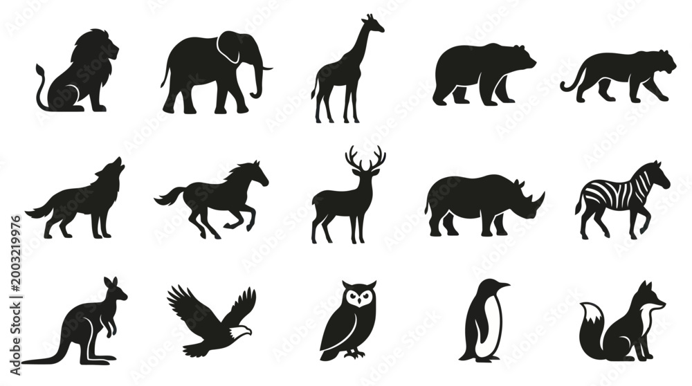 Fototapeta premium Wild Animals Silhouettes Set. Nature Wildlife Zoo Mammals Birds Glyph Icons Vector Collection