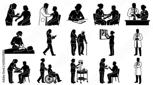 Medical Silhouette Icons: Doctors, Nurses, Patients in Black and White Line Art