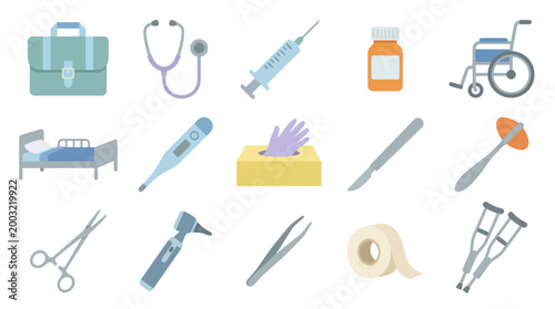 Flat Design Vector Medical Equipment and Healthcare Supplies Icons Set