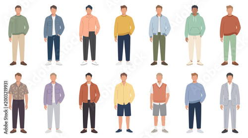 Flat Design Illustration of Diverse Men's Casual and Smart Casual Fashion Outfits