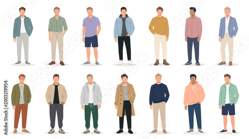 Diverse Men in Casual Fashion Outfits - Flat Vector Illustration Set of Male Characters