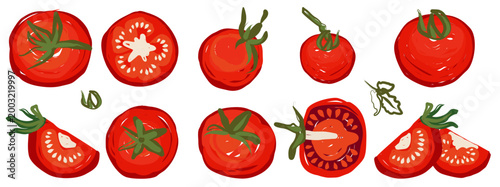 en high quality hand drawn vector collection of ripe tomatoes featuring whole fruit slices and halves. ideal for restaurant menus food packaging and culinary blog designs.