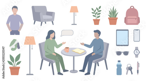 Flat illustration of people and home objects, vector graphic