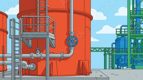 Industrial facility with large cylindrical tanks piping systems and machinery under blue sky representing chemical manufacturing plant