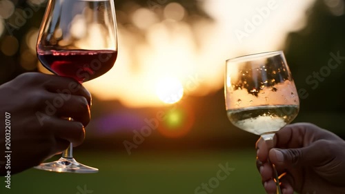 Two hands clinking wine glasses at sunset perfect for scenic backgrounds and natural storytelling
