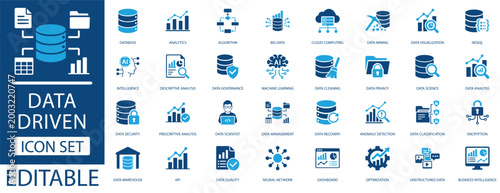 Tableau sur toile Data driven icon set featuring analytics, cloud computing, data science, cybersecurity, and business intelligence symbols