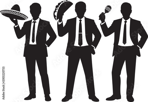 Businessmen silhouettes holding taco sombrero and maraca for celebration with white background icons