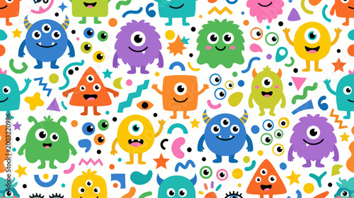 Cute Monsters Seamless Pattern, Vector Illustration, Kids Art Style