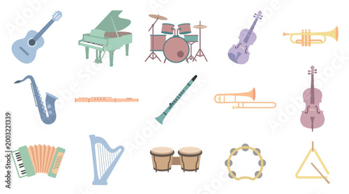 Flat vector illustrations of various musical instruments for a music theme