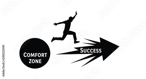 Silhouette graphic illustration of a person leaping from comfort zone into success symbolized by an arrow