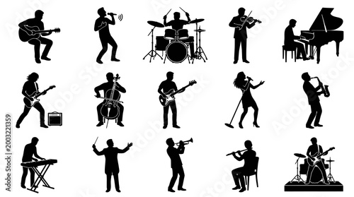 Diverse Musicians Playing Instruments, Silhouette Vector Art