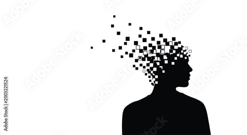 Conceptual vector illustration of a human head profile dissolving into pixels or squares