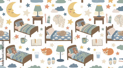 Cute Children's Bedtime Seamless Pattern: Sleeping Animals  Nursery Room Flat Illustration