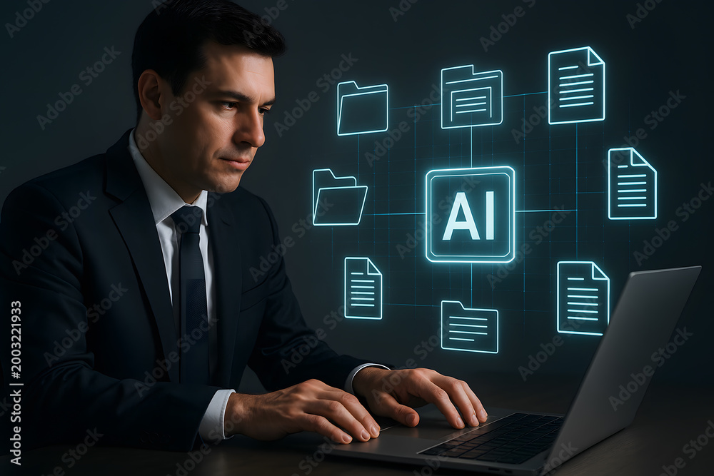 Fototapeta premium Business Professional Working with AI File Management Interface on Laptop